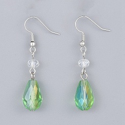 Lime Green Electroplate Glass Dangle Earrings, with Brass Earring Hooks, Lime Green, 47~50mm, Pin: 0.6mm 