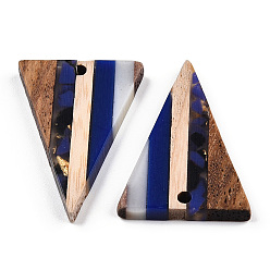 Dark Blue Transparent Resin & Walnut Wood Pendants, with Gold Foil, Triangle Charm, Dark Blue, 32.5x21.5x3.5mm, Hole: 2mm
