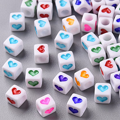 Mixed Color White Opaque Acrylic Beads, Cube with Heart, Mixed Color, 6.5x6x6mm, Hole: 3mm