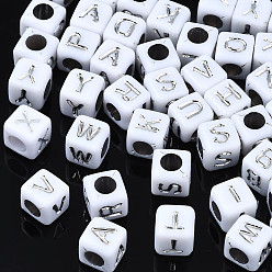 Letter Silver Plating Acrylic Beads, Metal Enlaced, Cube, Random Mixed Letters, 6x6x6mm, Hole: 3mm