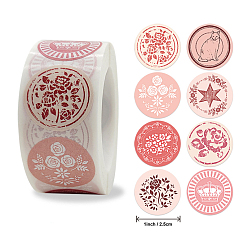 Pink 8 styles autocollants d'étiquettes-cadeaux en papier kraft auto-adhésifs, étiquettes adhésives, rond plat avec des motifs mixtes, rose, 25mm, à propos 500pcs / roll
