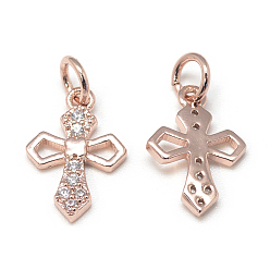 Rose Gold DIY Brass Micro Pave Cubic Zirconia Charms, Cross, Rose Gold, 14.5x9.5x2mm, Hole: 3.5mm