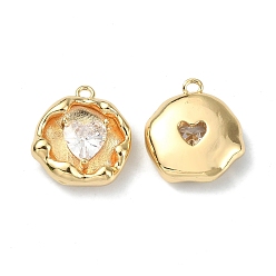 Real 18K Gold Plated Rack Plating Brass Clear Cubic Zirconia Charms, Flat Round with Heart Charm, Real 18K Gold Plated, 15x14x4mm, Hole: 1.5mm