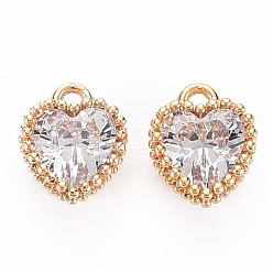 Clear Brass Micro Pave Cubic Zirconia Charms, Nickel Free, Real 18K Gold Plated, Faceted Heart, Clear, 8x6x3.5mm, Hole: 1mm