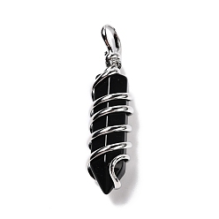 Obsidian Natural Obsidian Big Pendants, Eco-Friendly Copper Wire Wrapped, Platinum, Cadmium Free & Lead Free, Bullet, 54.5x14x13.5mm, Hole: 8mm