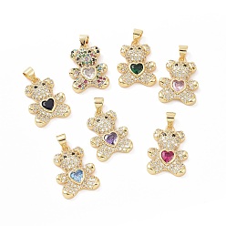 Mixed Color Brass Micro Pave Cubic Zirconia Pendants, with Glass, Bear with Heart Charm, Golden, Mixed Color, 20.5x15x5mm, Hole: 5.5x3.5mm