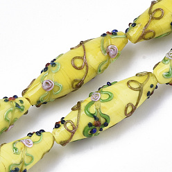 Yellow Handmade Gold Sand Lampwork Beads Strands, Bumpy, Rice with Flower Pattern, Yellow, 45~47.5x14.5~15.5mm, Hole: 1.5mm, about 10pcs/Strand, 17.72 inch