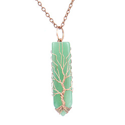 Green Aventurine Natural Green Aventurine Bullet Copper Wire Wrapping Pendant Necklaces, Cable Chain Necklace, 20-7/8 inch(53cm)