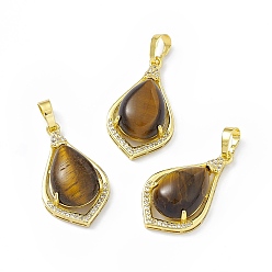 Tiger Eye Natural Tiger Eye Pendants, Teardrop Charms, with Golden Tone Rack Plating Brass Findings, Cadmium Free & Lead Free, 32x18.5x9.5mm, Hole: 8x4.5mm