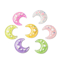 Mixed Color Translucent Resin Cabochons, Moon with Star Paillette, Mixed Color, 36x32.5x6mm
