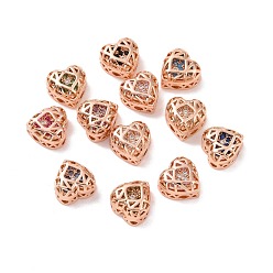 Mixed Color Eco-friendly Brass Cubic Zirconia Multi-Strand Links, Nickel Free, Cadmium Free & Lead Free, Heart, Rose Gold, Mixed Color, 8x8x5mm, Hole: 1.2mm
