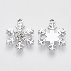 Platinum Alloy Pendants, with Crystal Rhinestones, Snowflake, Platinum, 22x17x3mm, Hole: 2mm
