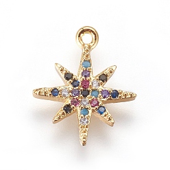 Golden Brass Cubic Zirconia Charms, with Enamel, Twinkle Star, Colorful, Golden, 14x12x2mm, Hole: 0.8mm