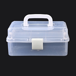 White Rectangle Portable PP Plastic Storage Box, with 3-Tier Fold Tray, Tool Organizer Handled Flip Container, White, 15.5x28x12.5cm