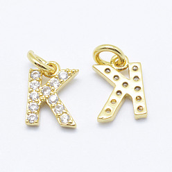 Real 18K Gold Plated Brass Micro Pave Grade AAA Cubic Zirconia Charms, Letter K, Cadmium Free & Nickel Free & Lead Free, Real 18K Gold Plated, 8.5x6x1.5mm, Hole: 2mm