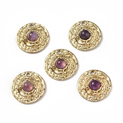 Amethyst Vacuum Plating 201 Stainless Steel Natural Amethyst Pendants, Real 18K Gold Plated, Flat Round Charms, 19x5mm, Hole: 1.8mm