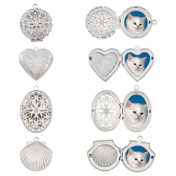 Stainless Steel Color PANDAHALL ELITE 8 Pcs 4 Styles 304 Stainless Steel Locket Pendants, Photo Frame Charms for Necklaces, Mixed Shapes, Stainless Steel Color, 2pcs/style