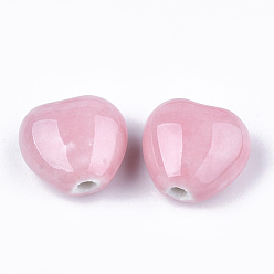 Pink Handmade Porcelain Beads, Bright Glazed Porcelain Style, Heart, Pink, 14~15x16x9~10mm, Hole: 2mm