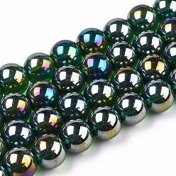 Verde Oscuro Electroplate transparentes cuentas de vidrio hebras, color de ab chapado, rondo, verde oscuro, 9.5~10 mm, agujero: 1.5 mm, sobre 40~42 unidades / cadena, 14.76~15.12 pulgada (37.5~38.4 cm)