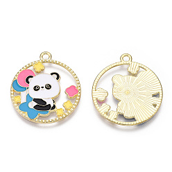 Colorful Alloy Enamel Pendants, Flat Round with Panda Charm, Real 14K Golden Plated, Colorful, 28x25x1.5mm, Hole: 1.8mm