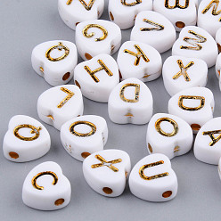 White Electroplate Opaque Acrylic Beads, Horizontal Hole, Heart with Mixed Golden Letters, White, 7x7x4mm, Hole: 1.5mm, about 3600pcs/500g