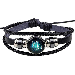 Capricorn Constellation Glass Link Multi-strand Bracelet, PU Leather Braided Triple Layer Gothic Bracelet for Men Women, Capricorn, 7-1/8~9-7/8 inch(18~25cm)