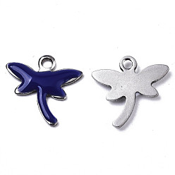Midnight Blue 201 Stainless Steel Enamel Charms, Dragonfly, Stainless Steel Color, Midnight Blue, 11.5x12x1.5mm, Hole: 1.2mm
