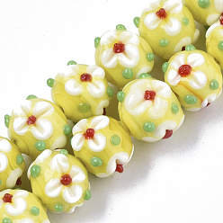 Yellow Green Handmade Lampwork Beads Strands, Flower, Yellow Green, 11~12x11~12x10mm, Hole: 1.5mm, about 45pcs/strand, 17.72 inch(45cm)