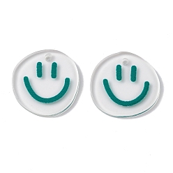 Teal Transparent Printed Acrylic Pendants, Flat Round with Smiling Face Charm, Teal, 20.5~21x20~21x2mm, Hole: 1.6mm
