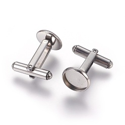 Stainless Steel Color 304 Stainless Steel Cuff Settings, Cufflink Finding Cabochon Settings for Apparel Accessorie, Flat Round, Stainless Steel Color, 26x12mm