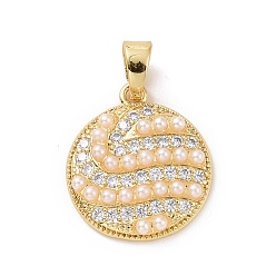 Real 18K Gold Plated Flat Round Brass Micro Pave Clear Cubic Zirconia Pendants, with Acrylic Imitation Pearl, Cadmium Free & Lead Free, Real 18K Gold Plated, 21x19x4mm, Hole: 4x6mm