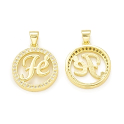 Real 18K Gold Plated Rack Plating Brass Micro Pave Clear Cubic Zirconia Pendants, Cadmium Free & Lead Free, Long-Lasting Plated, Flat Round with Word Fe Charm, Real 18K Gold Plated, 20x17.5x3mm, Hole: 4x3.5mm