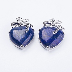 Lapis Lazuli Natural Lapis Lazuli Pendants, with Brass Findings, Heart, Platinum, 32x47.5x12mm, Hole: 4x5mm
