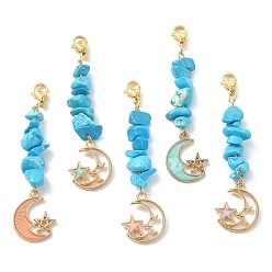 Couleur Mélangete Décorations de pendentif en perles de puces turquoise synthétiques, avec lune en alliage émaillé avec breloque étoile et fermoirs mousquetons en acier inoxydable, couleur mixte, 304mm