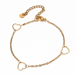 Golden 304 Stainless Steel Cable Chain Anklets, with Heart Link and Lobster Claw Clasps, Golden, 9-1/8 inch(23.3cm)