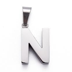 Letter N 304 Stainless Steel Letter Pendants, Manual Polishing, Alphabet, Stainless Steel Color, Letter.N, 18.5x12x4mm, Hole: 6.5x3.5mm