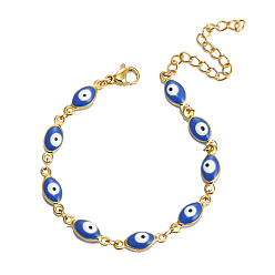 Blue Evil Eye Stainless Steel Enamel Link Chain Bracelet, Blue, no size