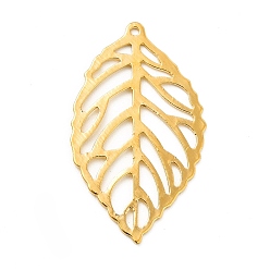 Golden Rack Plating Brass Pendants, Long-Lasting Plated, Hollow, Leaf Charm, Golden, 27x16x0.5mm, Hole: 1mm