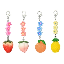 Mixed Color Fruit Resin Pendant Decoration, Zinc Alloy Lobster Claw Clasps and Flower Polymer Clay Beads Charm, Mixed Color, 77~84mm, 4pcs/set