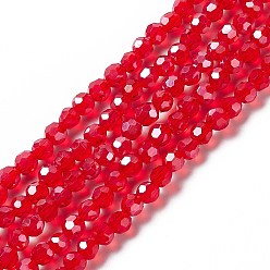 Roja Abalorios de vidrio electrochapdo, lustre de la perla chapado, facetado (32 facetas), rondo, rojo, 4 mm