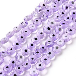 Púrpura Hechos a mano de cristal de murano mal de ojo planas hebras de perlas redondas, púrpura, 8x3.2 mm, agujero: 1 mm, sobre 49 unidades / cadena, 14.56 pulgada