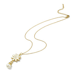 Golden Enamel Flower with Plastic Pearl Pendant Necklace, Ion Plating(IP) 304 Stainless Steel Jewelry for Women, Golden, 16.06 inch(40.8cm)