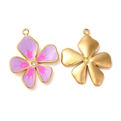 Violet 304 Stainless Steel Enamel Pendants, with Rhinestones, Real 18K Gold Plated, Flower Charm, Violet, 21.5x17x2.5mm, Hole: 1.5mm