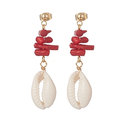 Golden Dyed Chips Synthetic Coral Stud Earrings, Natural Cowrie Shell Dangle Earring for Women, Golden, 49mm, Pin: 0.8mm