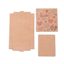 BurlyWood Kraft Paper Boxes and Earring Jewelry Display Cards, Packaging Boxes, with Heart Pattern, BurlyWood, Folded Box Size: 7.3x5.4x1.2cm, Display Card: 6.5x5x0.05cm