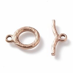 Rose Gold Ion Plating(IP) 304 Stainless Steel Toggle Clasps, Textured, Ring, Rose Gold, Ring: 16x12x2.2mm, Hole: 2mm, Bar: 18x7x2.2mm, Hole: 2mm