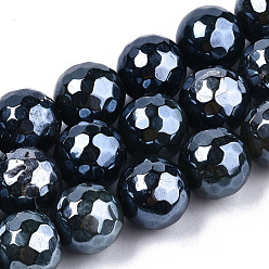 Marine Blue Electroplate Natural Agate Beads Strands, Dyed, Faceted, Pearl Luster Plated, Round, Marine Blue, 10.5mm, Hole: 1.2mm, about 36~37pcs/strand, 14.37 inch~14.57 inch(36.5cm~37cm)