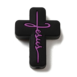 Black Silicone Beads, Cross with Word Jesus, Black, 30x22x8mm, Hole: 2.5mm