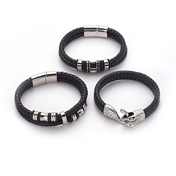 Black Retro Braided Leather Cord Bracelets, with 304 Stainless Steel Clasps and Findings, Black, 8-3/8 inch~8-7/8 inch(21.4~22.5cm), 11.5~12.5mm