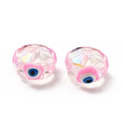 Pearl Pink Transparent Glass Beads, with Enamel, Faceted, Rondelle with Evil Eye Pattern, Pearl Pink, 10x7.5mm, Hole: 1.5mm